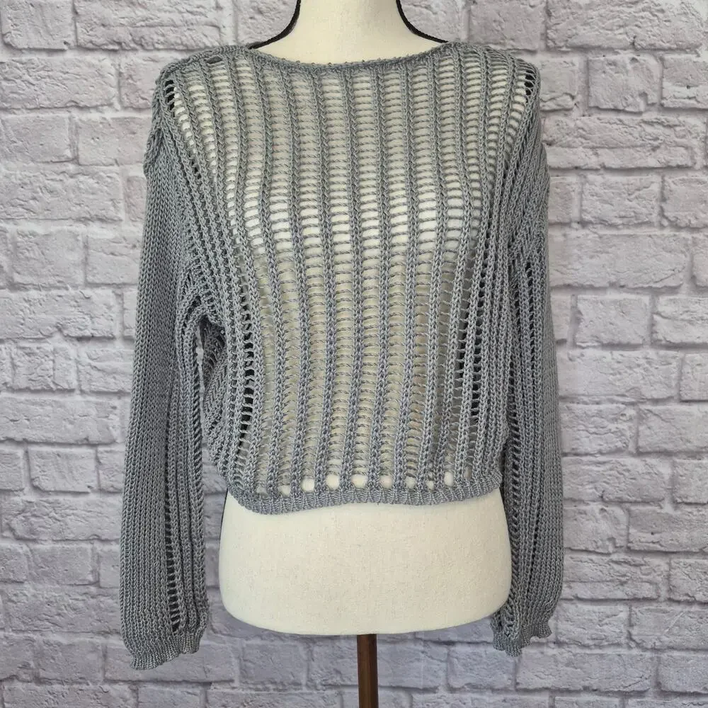 Miss Sparkling Sweater Grey Open Knit Crochet Crop Long Sleeve Women's Size S